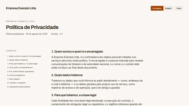 O arquétipo de documento: uma política de privacidade com sumário à esquerda e seções numeradas