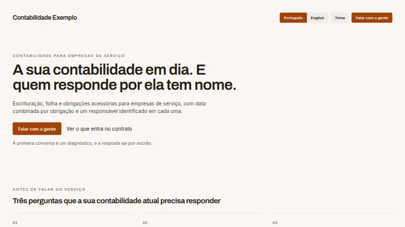O arquétipo de landing: o herói de uma contabilidade de exemplo, com título, texto de apoio e duas ações
