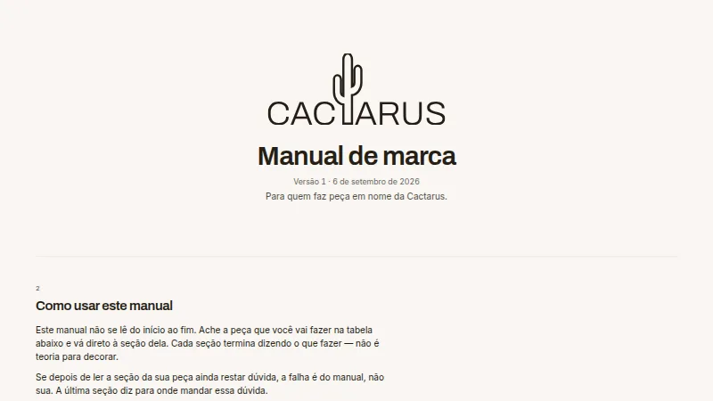 A capa do manual de marca: o logotipo CACTARUS com o cacto no lugar do T, e a data da versão